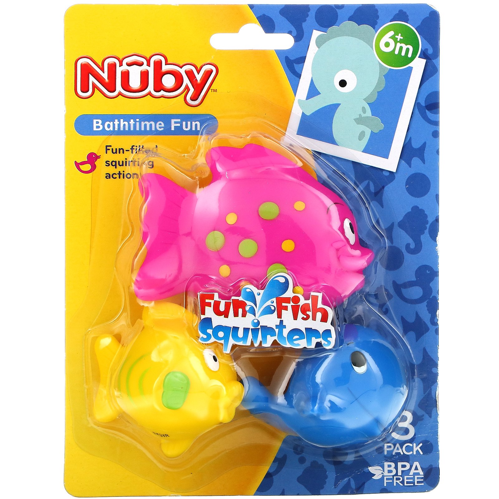 Nuby, веселые рыбки, игрушки для ванной, для детей от 6 месяцев, 3 шт. в упаковке - Фото товара - Вид спереди