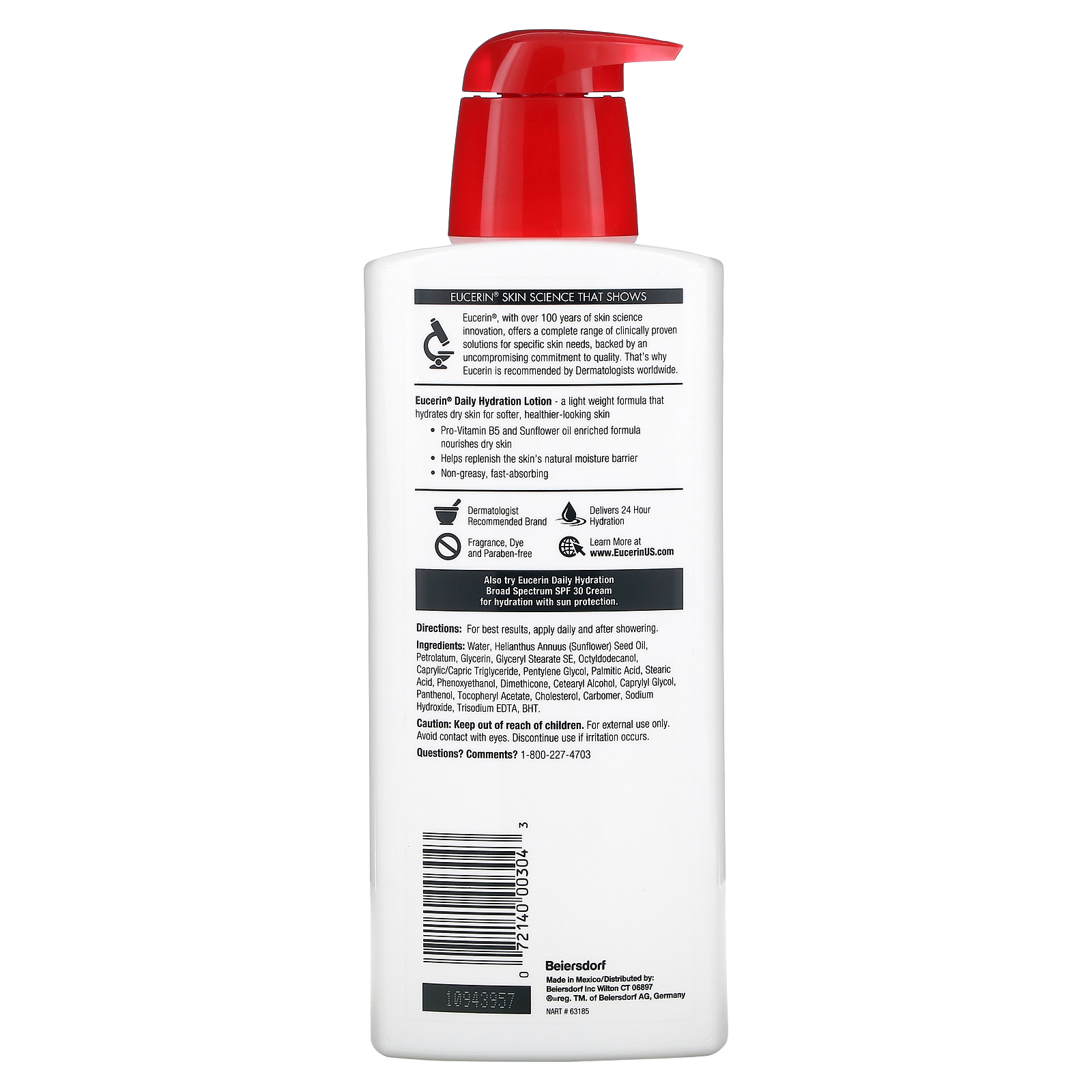 Eucerin, Ежедневное увлажнение, Лосьон, без запаха, 16.9 ж. унций (500 мл) - Фото товара - Вид сзади