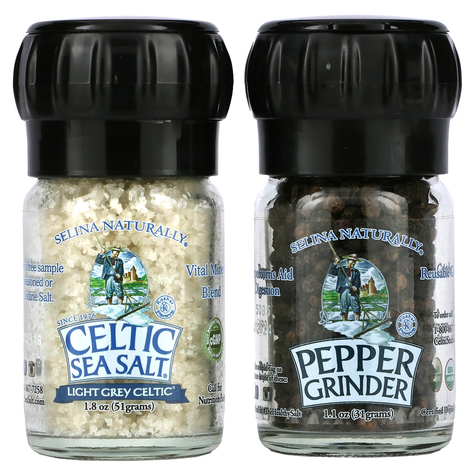 Celtic Sea Salt, набор мини-мельниц, светло-серая кельтская соль и черный перец, 82 г (2,9 унции) - Фото товара - Вид спереди