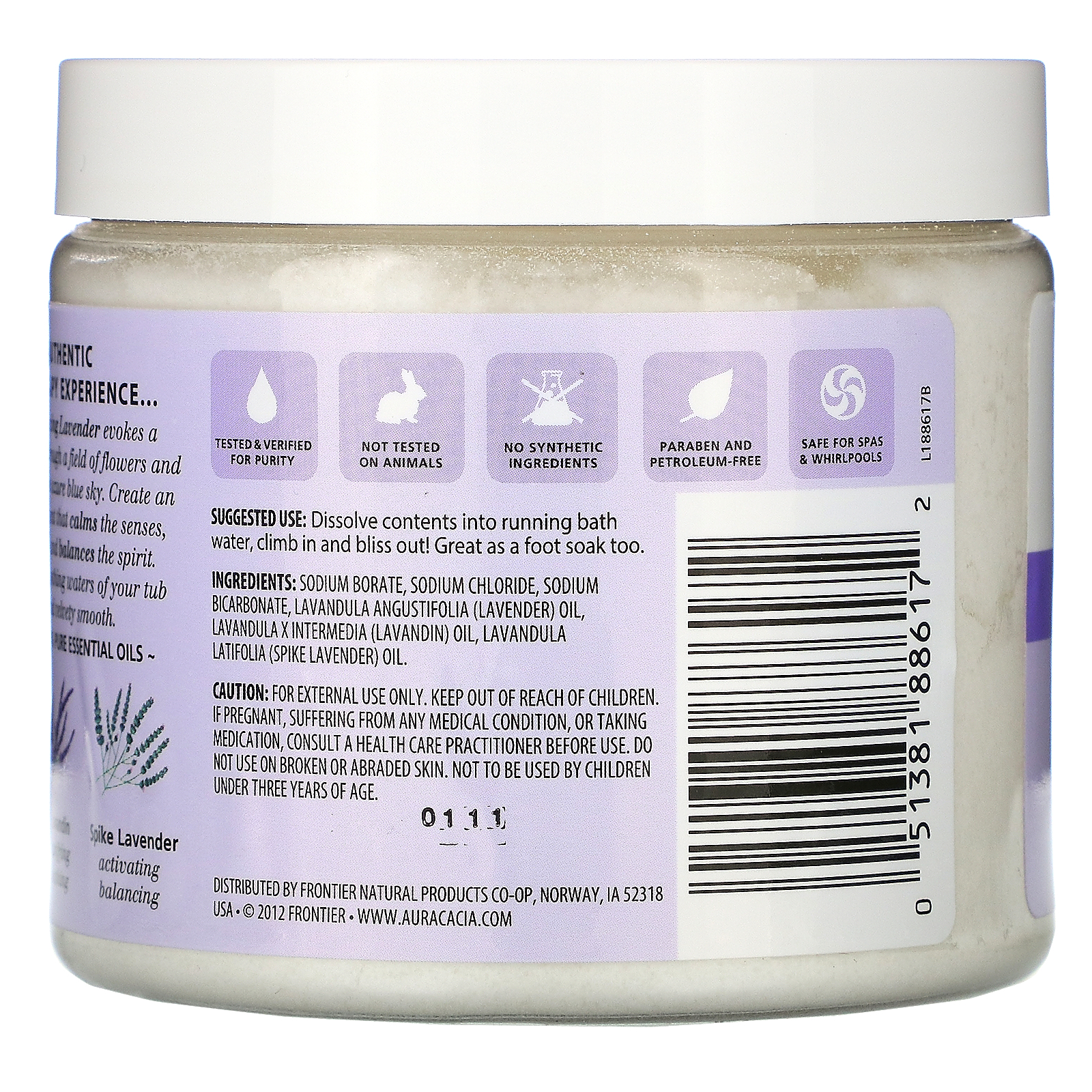 Aura Cacia, Ароматерапевтическое минеральное средство для ванны, расслабляющая лаванда, 16 унций (454 г) - Фото товара - Вид сзади
