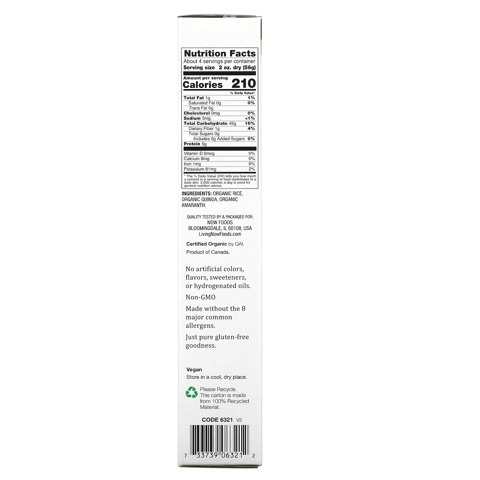 NOW Foods, органические макароны из киноа, без глютена, 227 г (8 унций) - Фото товара - Вид сзади