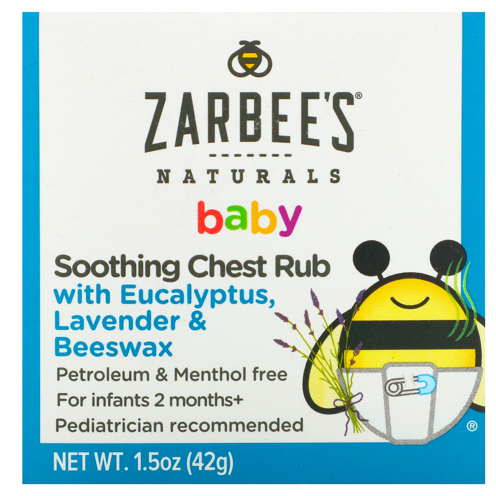 Zarbee's, Детская успокаивающая мазь для растирания грудной клетки с эвкалиптом, лавандой и пчелиным воском, 42 г (1,5 унции) - Фото товара - Вид спереди