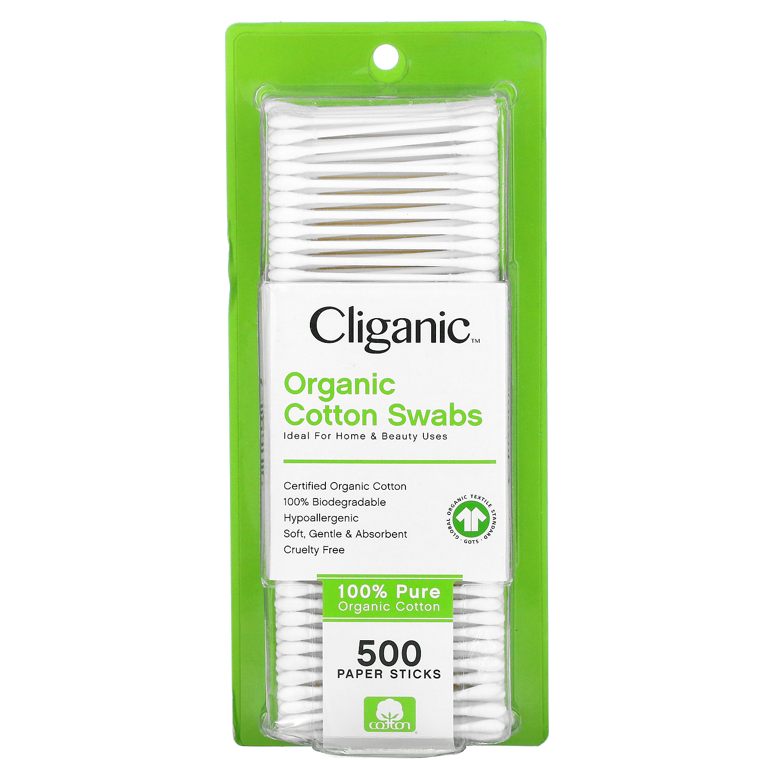 Cliganic, Органические ватные палочки, 500 бумажных палочек - Фото товара - Вид спереди
