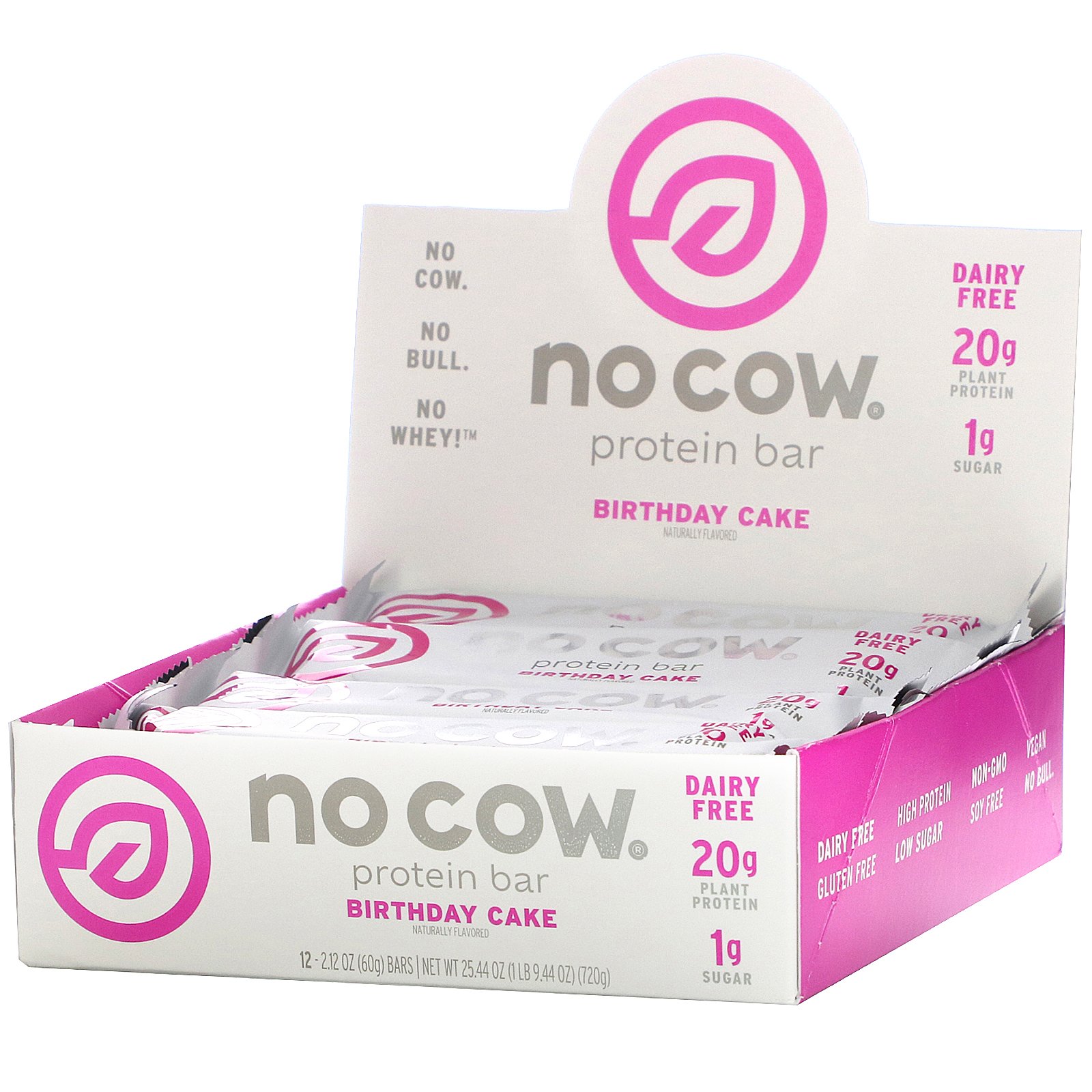 No Cow, протеиновые батончики, вкус «Именинный пирог», 12 шт. по 60 г (2,12 унции) каждый - Фото товара - Вид спереди