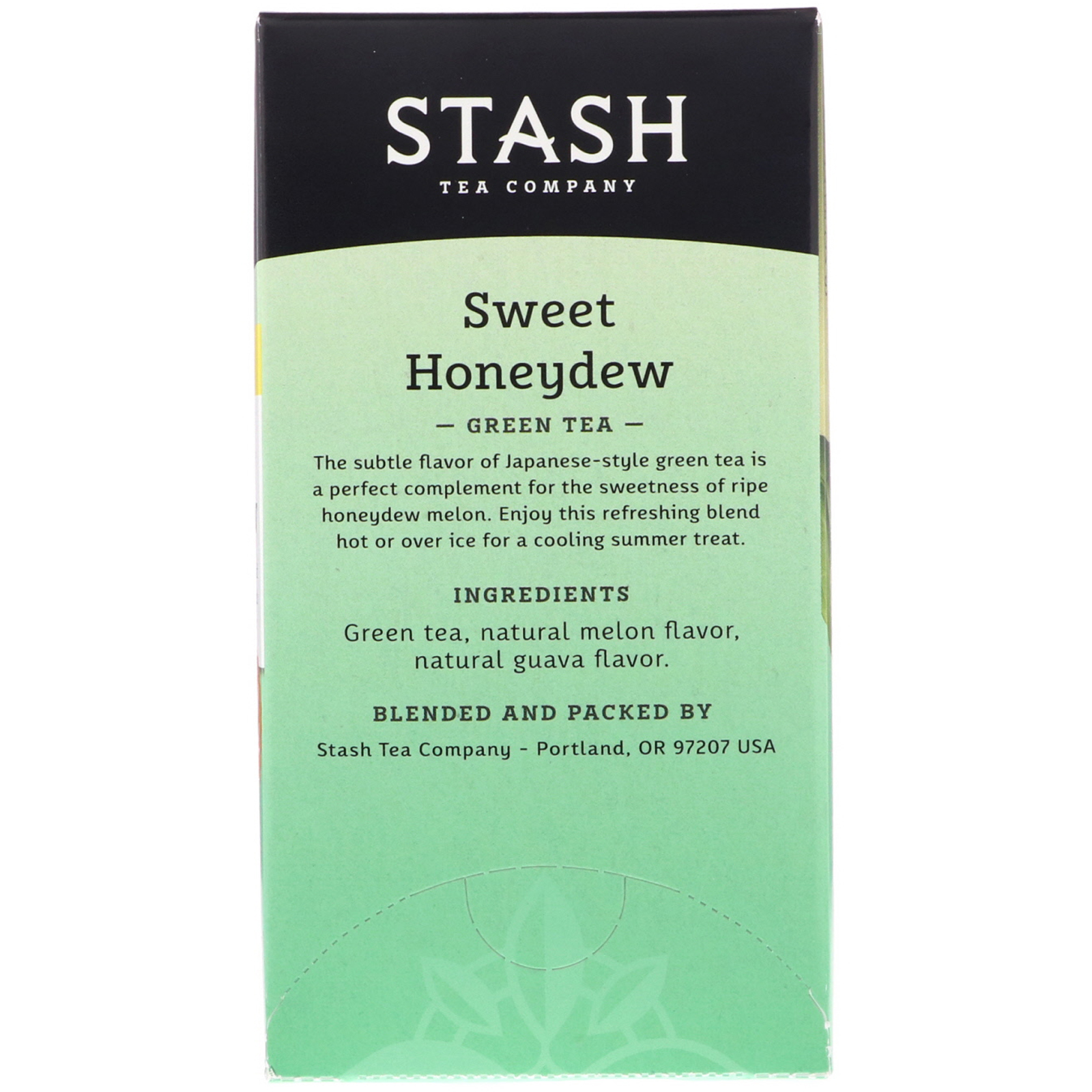 Stash Tea, Зеленый чай, сладкая мускатная дыня, 18 чайных пакетиков, 34 г - Фото товара - Вид сзади